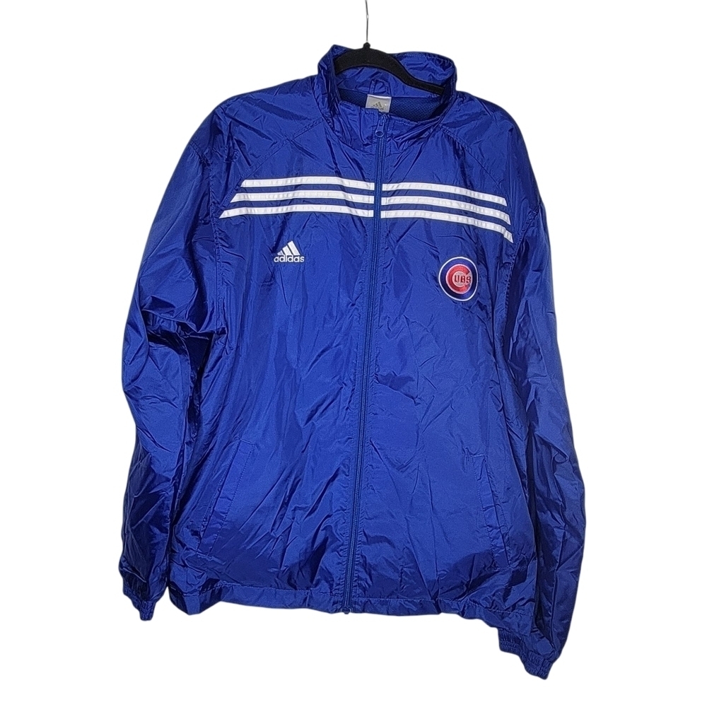Vtg Adidas Chicago Cubs Men Large Blue Three Stripes Full Zip Windbreaker Jacket